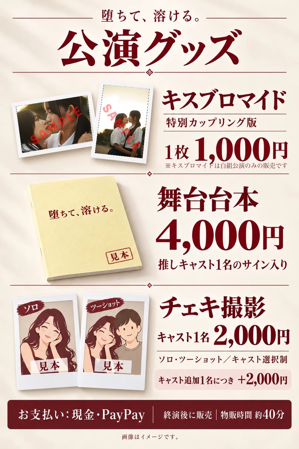 公演グッズ一覧:キスブロマイド1枚1,000円/舞台台本4,000円/チェキ撮影キャスト1名2,000円